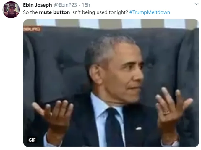 The Mute Button 2020 Presidential Debate — A tweet using Mocking SpongeBob format with alternating case text mocking the mute button announcement.