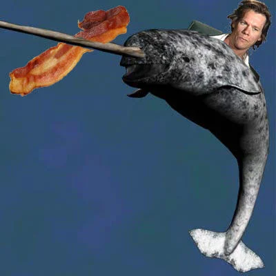 The Narwhal Bacons at Midnight — Photoshopped narwhal with Kevin Bacon's face carrying bacon on its tusk