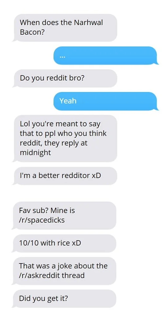The Narwhal Bacons at Midnight — Text message screenshot using the narwhal bacons phrase as a Reddit shibboleth