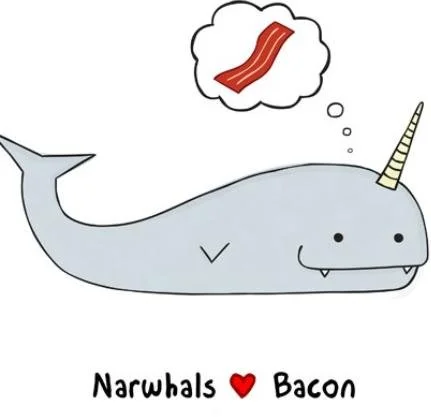 The Narwhal Bacons at Midnight — Cartoon narwhal with a bacon thought bubble captioned Narwhals love Bacon