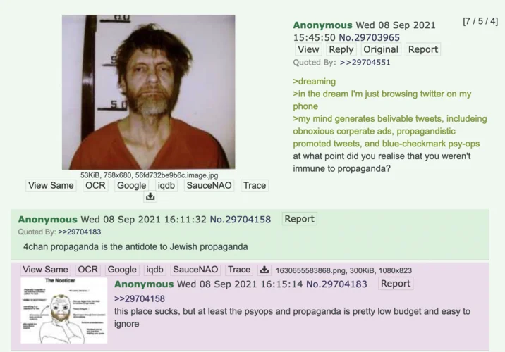 The Nooticer — 4chan thread screenshot with Ted Kaczynski mugshot and Nooticer meme thumbnail in a reply.