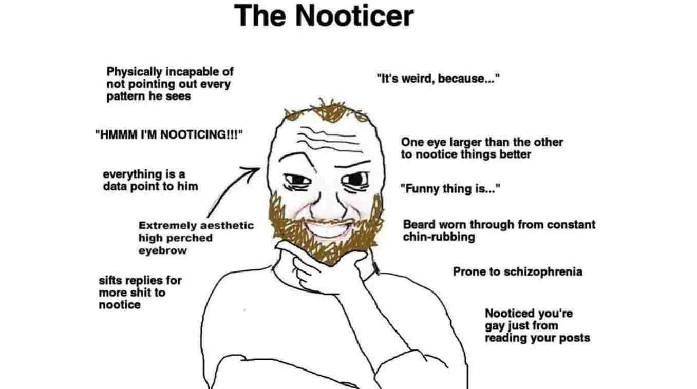 Labeled Wojak character titled 'The Nooticer' with bearded chin-rubbing figure and multiple annotated traits.
