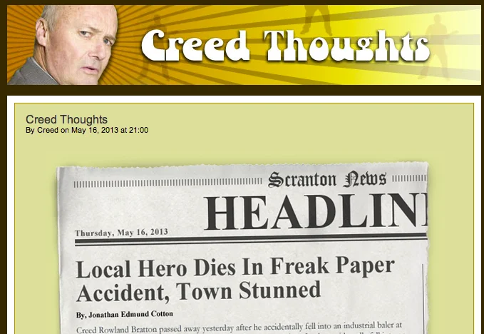 The Office — Creed Thoughts blog screenshot featuring Creed Bratton and a mock Scranton News headline