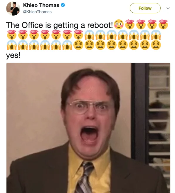 Khleo Thomas tweet reacting to The Office reboot with image of Dwight Schrute screaming