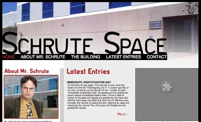 The Office — Schrute Space fictional blog homepage featuring Dwight Schrute and his Thanksgiving essay