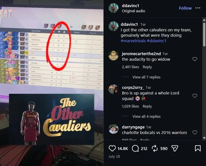 Instagram post showing a Marvel Rivals scoreboard with poor teammate stats circled next to 'The Other Cavaliers' meme graphic