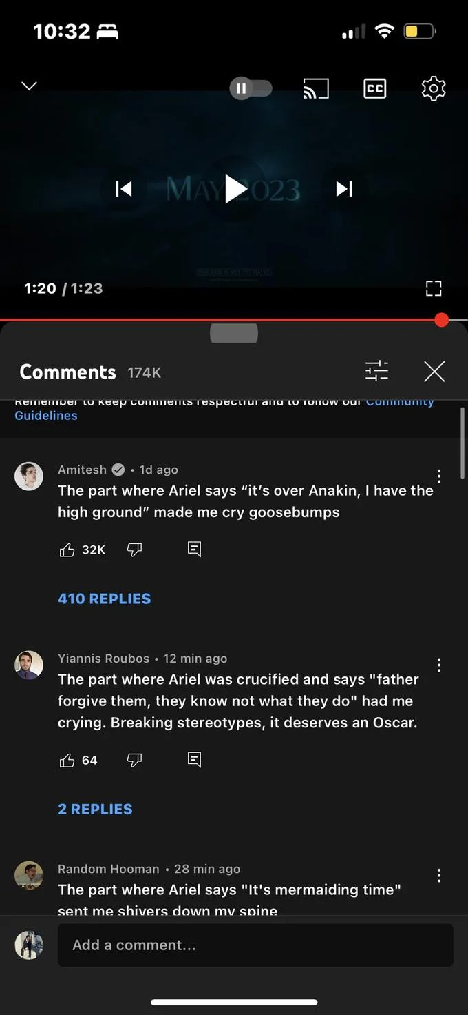The Part Where Ariel Says X — Mobile YouTube comment section screenshot with joke comments misattributing Star Wars and religious quotes to Ariel