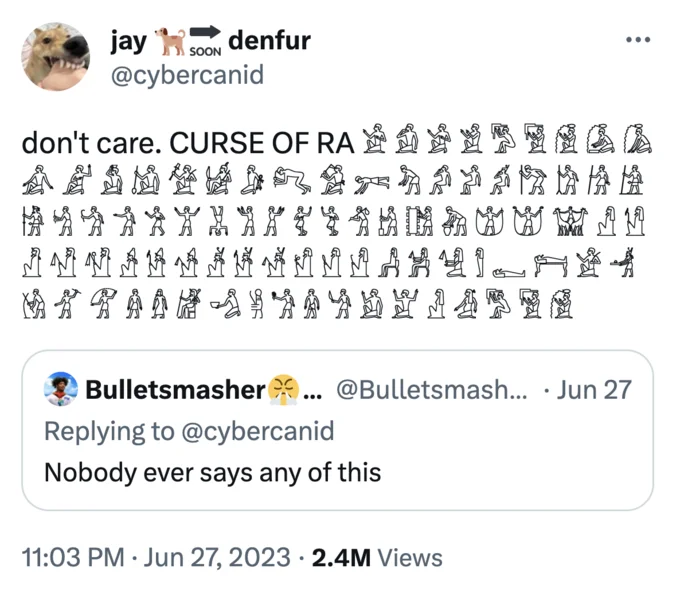 The Pharaohs Curse Curse Of Ra — Tweet 'IM CRYING' quoting a message telling Hilda players 'CURSE OF RA' with hieroglyphs.