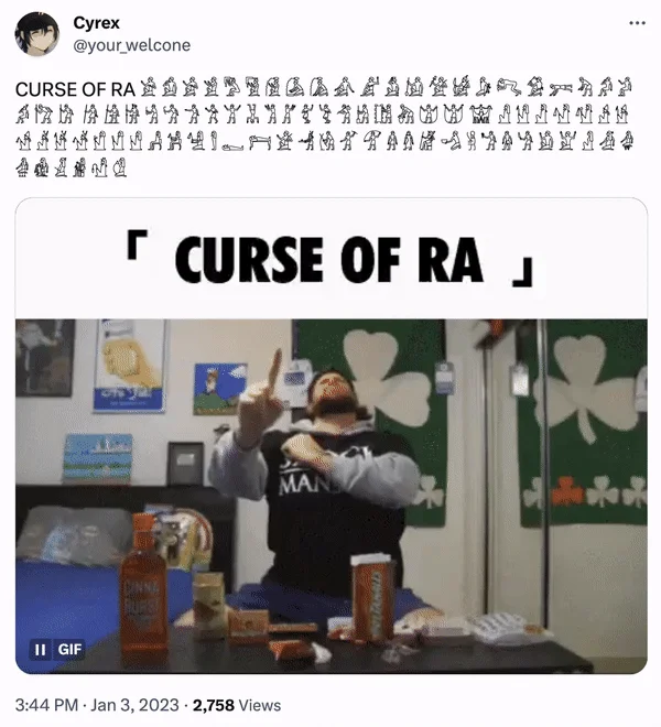 The Pharaohs Curse Curse Of Ra — Tumblr thread reblogging the pharaoh's curse GIF with escalating comedic replies.