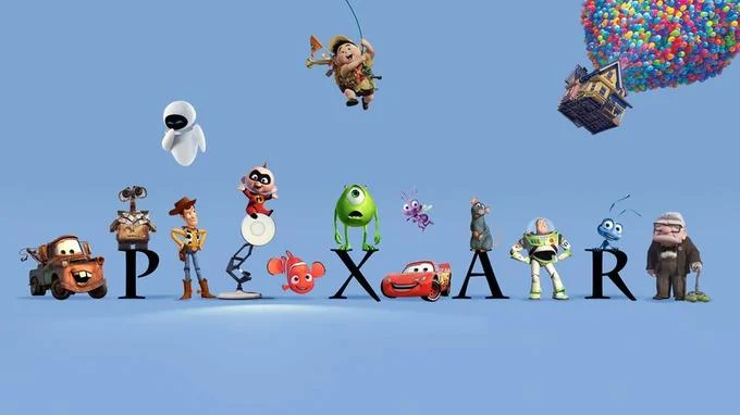 The Pixar Theory — Pixar logo centered with major film characters arranged around it on a light blue background representing the shared universe.