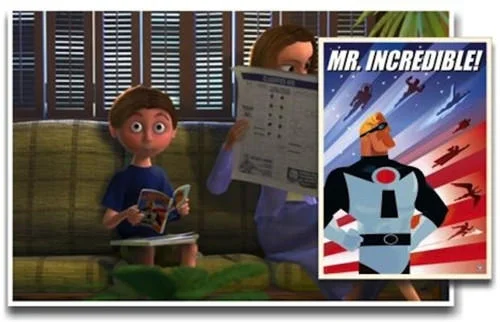 The Pixar Theory — Collage displaying a scene from Up with The Incredibles superhero character illustrating connections between different Pixar films.