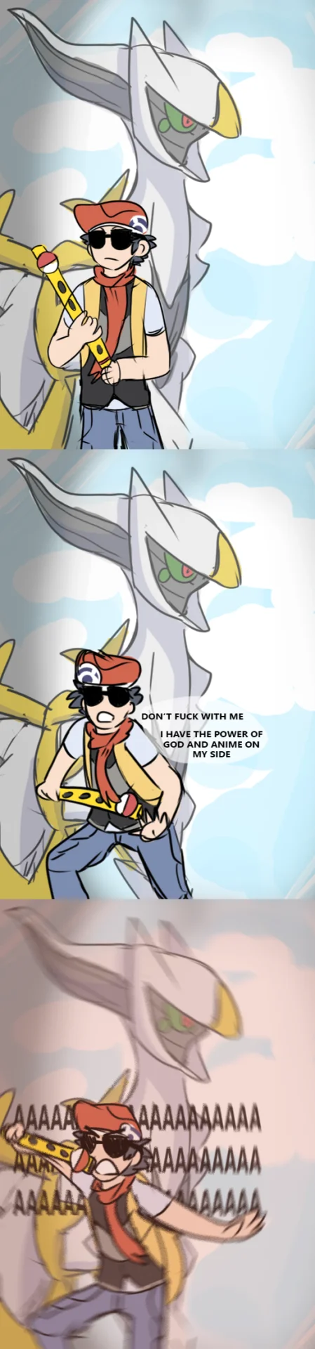 The Power of God and Anime — Three-panel comic of Pokemon trainer Red with Arceus above him, shouting the 'power of God and anime' catchphrase before attacking.