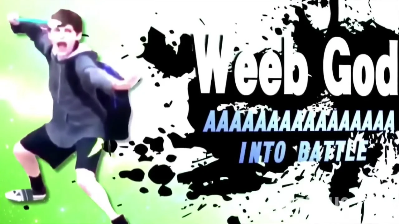 The Power of God and Anime — Super Smash Bros style splash screen titled 'Weeb God AAAA Into Battle' featuring the lightsaber kid cutout.