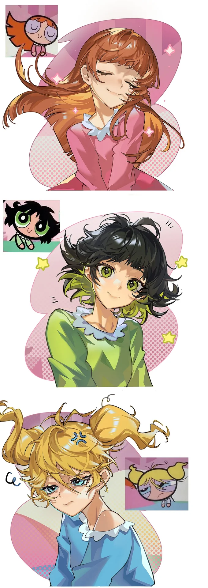 The Powerpuff Girls — Anime-style older redesigns of Blossom, Buttercup, and Bubbles with Powerpuff reference insets.