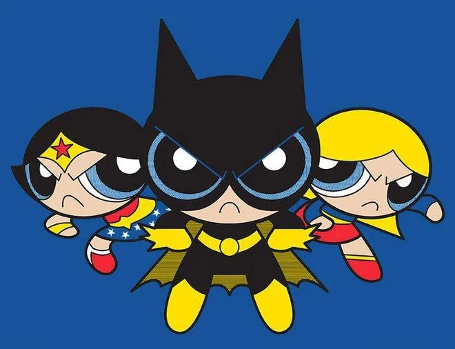 The Powerpuff Girls — The three Powerpuff Girls drawn as Wonder Woman, Batgirl, and Supergirl against a blue background.