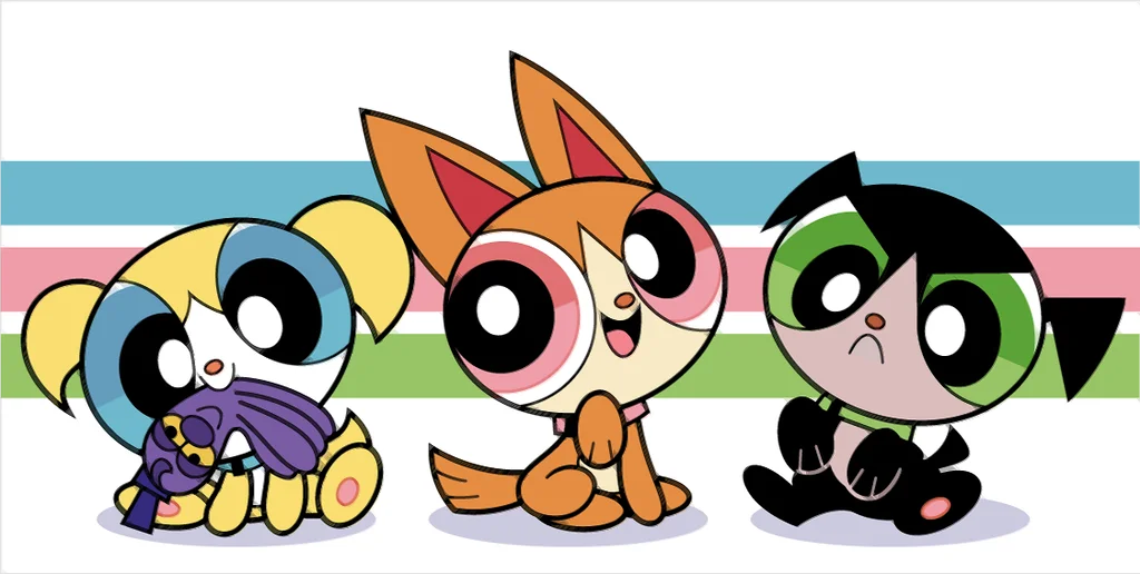 The Powerpuff Girls — The three Powerpuff Girls redesigned as a bunny, fox, and black cat against pastel stripes.