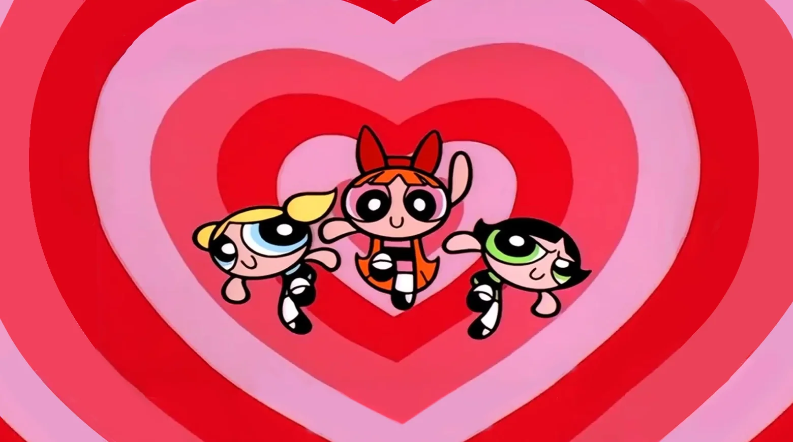 Blossom, Bubbles, and Buttercup floating in front of a concentric heart background from The Powerpuff Girls.