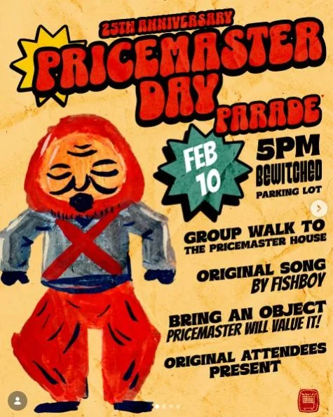 The Pricemaster — Hand-drawn poster for the 25th Anniversary PriceMaster Day Parade with an illustration of the masked PriceMaster and event details