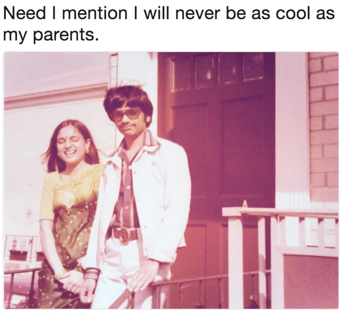 The Problem With Apu — Tweet with vintage photo of young South Asian couple with caption about parents being cool.