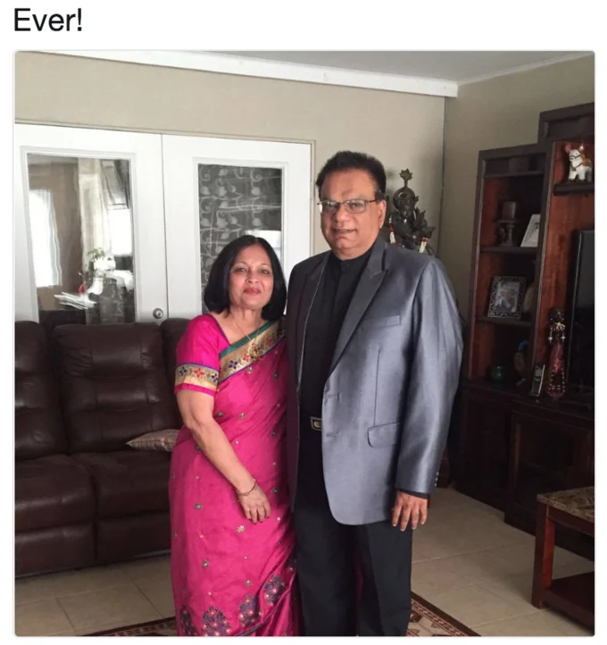 The Problem With Apu — Tweet showing recent photo of older South Asian couple in a living room.