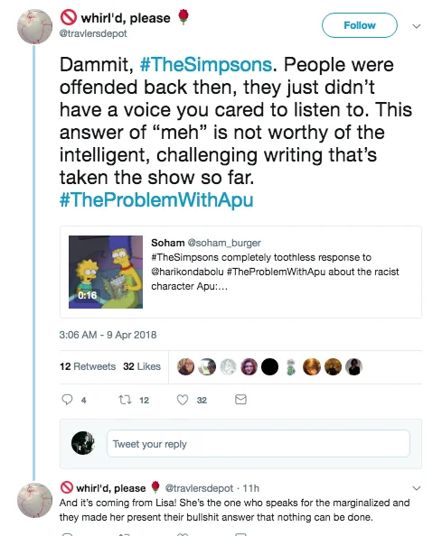 Tweet from @travlersdepot criticizing The Simpsons' response to The Problem With Apu as toothless.