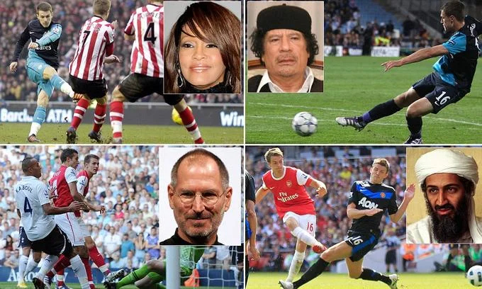 The Ramsey Effect — A busy collage mixing Aaron Ramsey action shots with inset portraits of deceased public figures including celebrities.