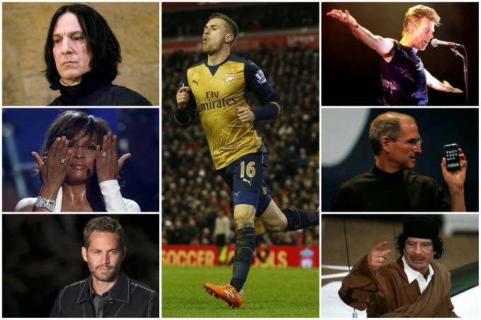 The Ramsey Effect — A photo collage with Aaron Ramsey at center surrounded by six portraits of famous figures who died near his goals.