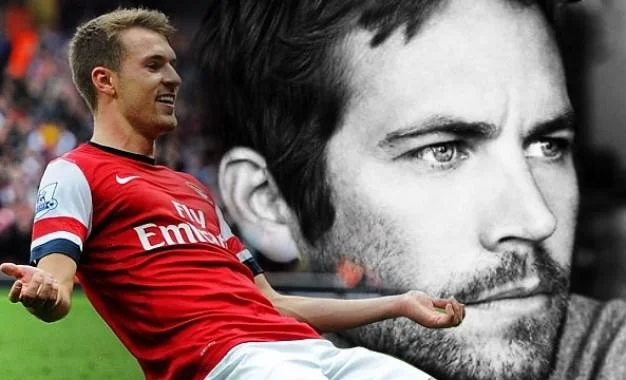 The Ramsey Effect — A two-panel composite showing jubilant Aaron Ramsey on the left alongside a dramatic black-and-white portrait of Paul Walker.