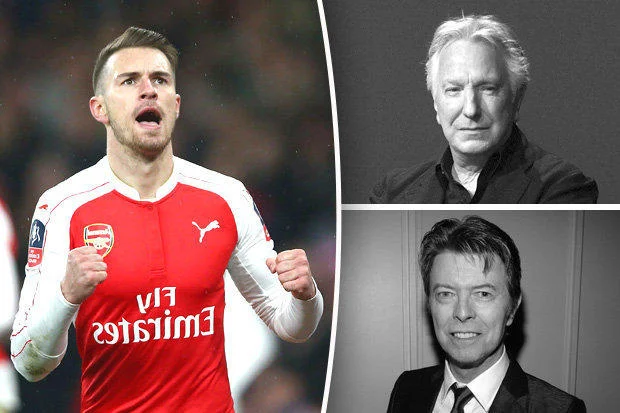 The Ramsey Effect — A three-panel image featuring Aaron Ramsey celebrating with black-and-white portraits of Alan Rickman and David Bowie.