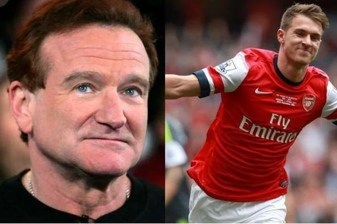 The Ramsey Effect — A two-panel composite with Aaron Ramsey celebrating in Arsenal kit on the right next to a candid photo of Robin Williams.