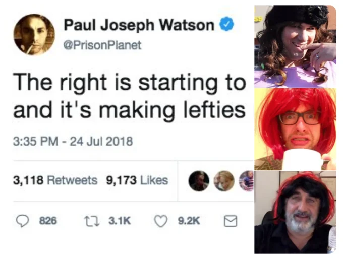 The Right Is Starting to Get Better at Comedy — PJW tweet beside three images of men in wigs mocking trans people
