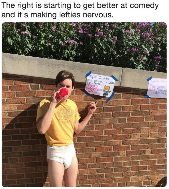The Right Is Starting to Get Better at Comedy — PJW tweet above photo of a man in a diaper mocking Turning Point USA
