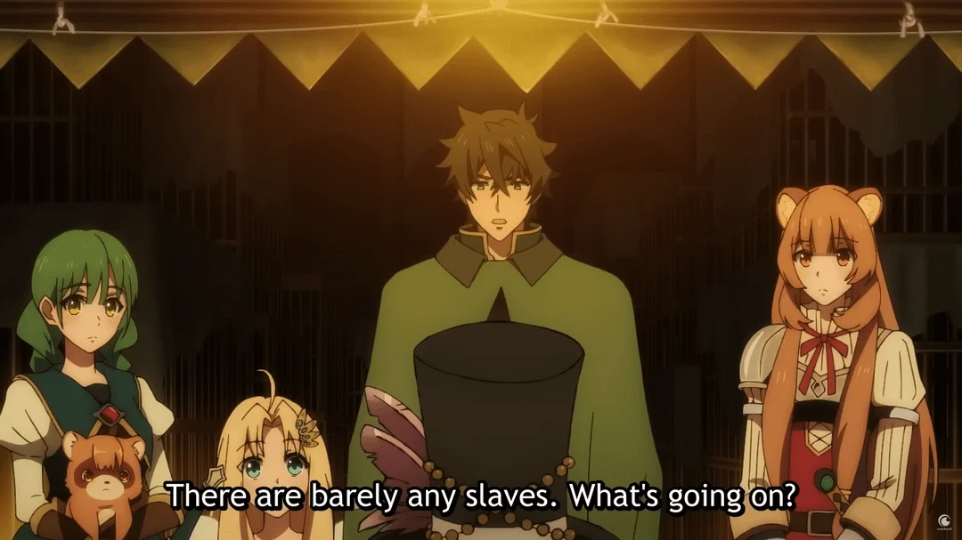 The Rising of the Shield Hero — Screenshot from Shield Hero anime with subtitle about there being barely any slaves