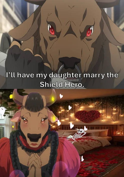 The Rising of the Shield Hero — Shield Hero meme showing cow father and daughter with marriage proposal text