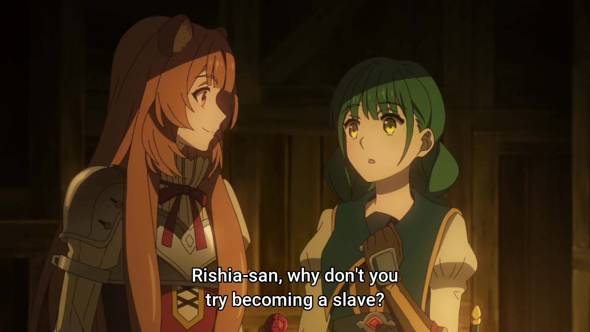 The Rising of the Shield Hero — Raphtalia asking Rishia about becoming a slave in Shield Hero anime screenshot