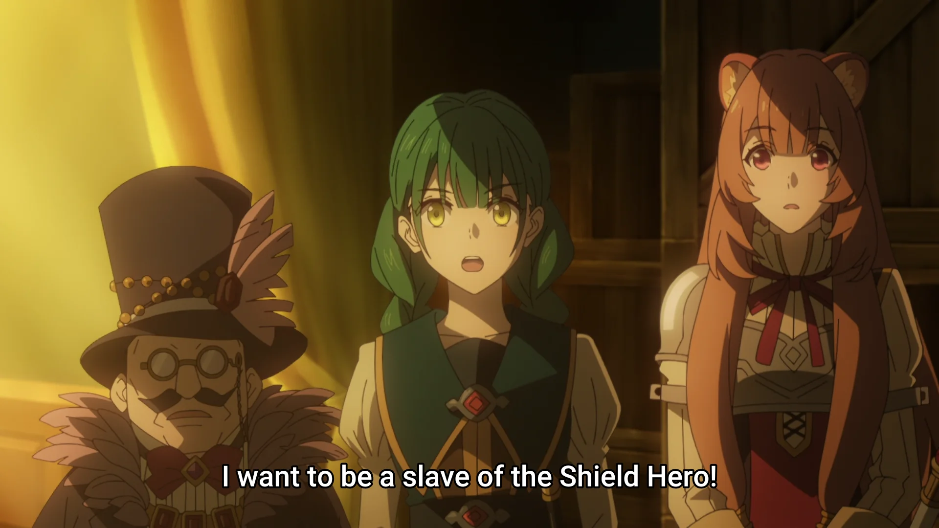 The Rising of the Shield Hero — Shield Hero anime screenshot with character declaring she wants to be a slave of the Shield Hero