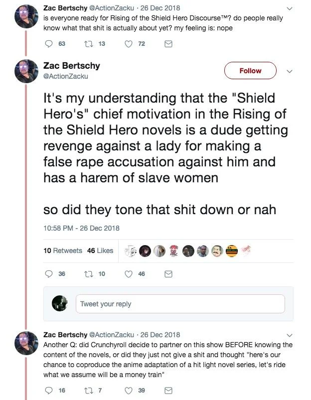 The Rising of the Shield Hero — Twitter screenshot of Zac Bertschy criticizing the Shield Hero anime's premise