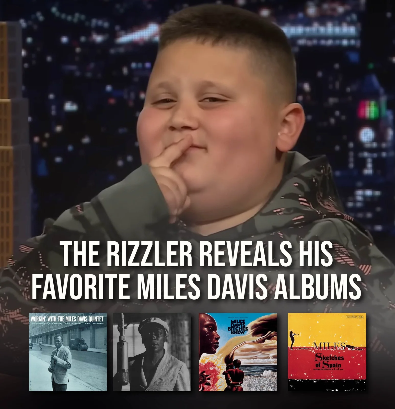 Talk show screenshot showing the Rizzler character with text about favorite Miles Davis albums and album artwork.