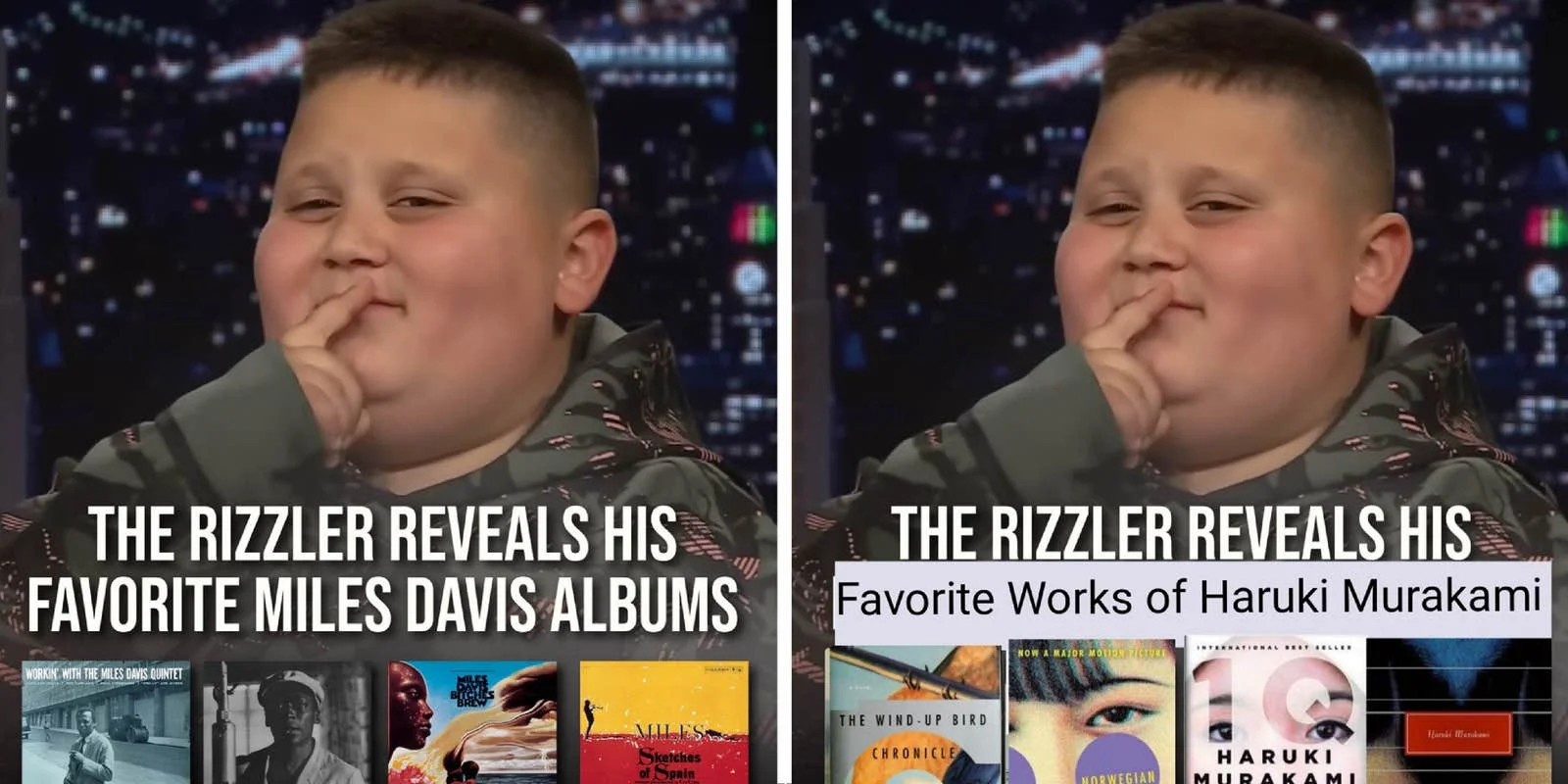 Two-panel split showing the Rizzler character with text overlays about favorite Miles Davis albums and Murakami works.