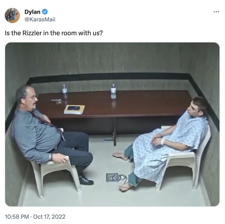 A Twitter screenshot questioning whether the Rizzler is present in a photo of two men in conversation.