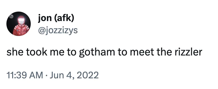 A Twitter post using 'The Rizzler' as a humorous cultural reference for charisma and charm.