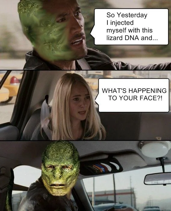 The Rock Driving — Rock Driving meme where The Rock's face turns into a lizard after injecting lizard DNA.