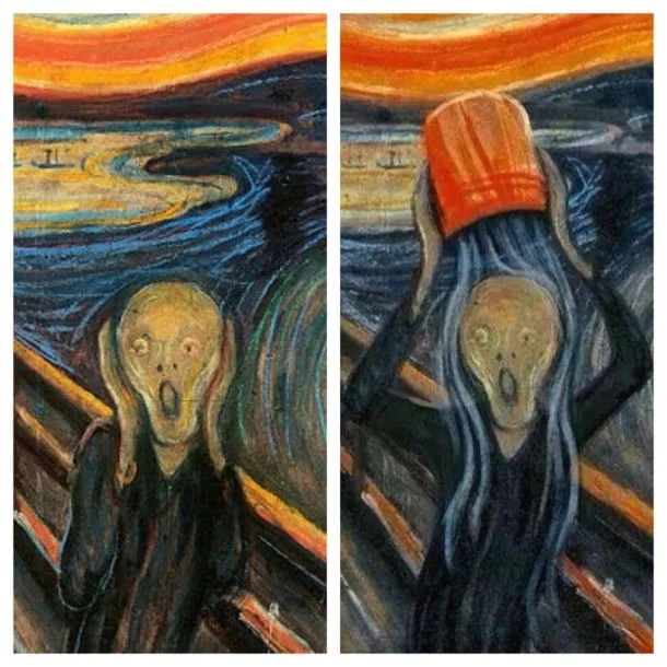 Two-panel meme template featuring The Scream's central figure distressed on left with hands to face, and same figure with red head covering on right creating