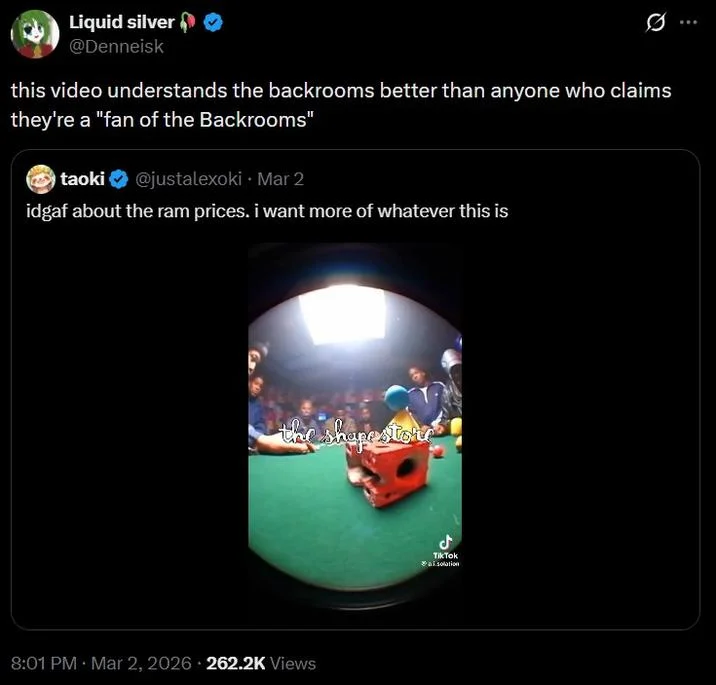 The Shape Store Ai Video — A post. It reads, "this video understands the backrooms better than anyone who claims they're a "fan of the Backrooms."