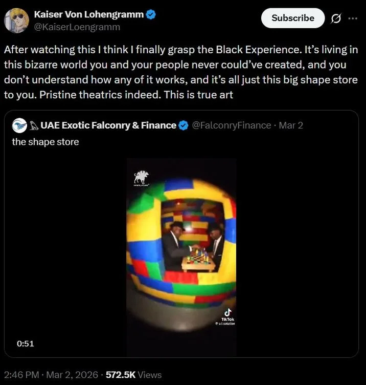 The Shape Store Ai Video — A post reacting to the Shape Store video. It reads, "After watching this I think I finally grasp the Black Experience. It’s living