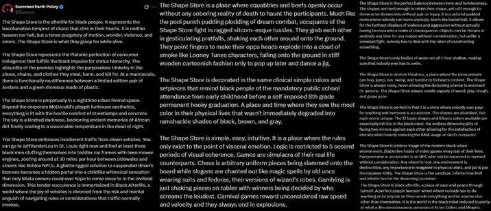 The Shape Store Ai Video — Scorched Earth Policy @Scearpo The Shape Store is the afterlife for black people. It represents the bacchanalian tempest of chaos
