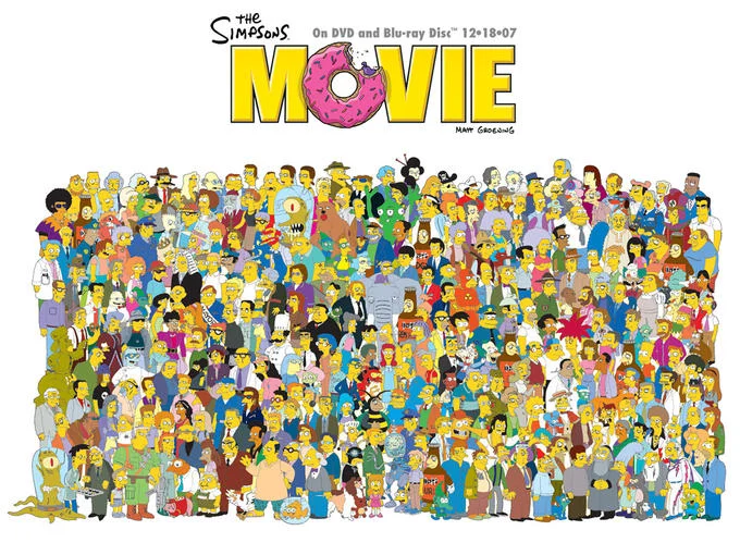 The Simpsons — Three-panel chart showing Simpsons character evolution labeled 1987, 1990, and 2009 with role descriptions
