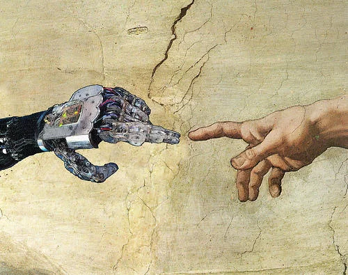The Singularity — Renaissance art parody showing Michelangelo's Creation of Adam reimagined with a mechanical robot hand touching a human hand.