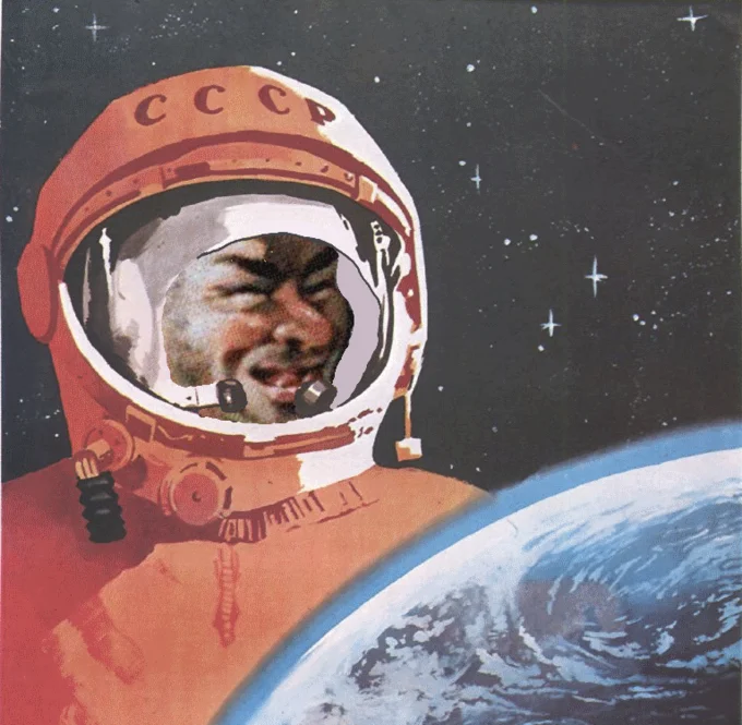The Soviet Liberator Le Liberator Face — Meme mashup featuring Soviet cosmonaut in space suit with Soviet Liberator face in the helmet visor.