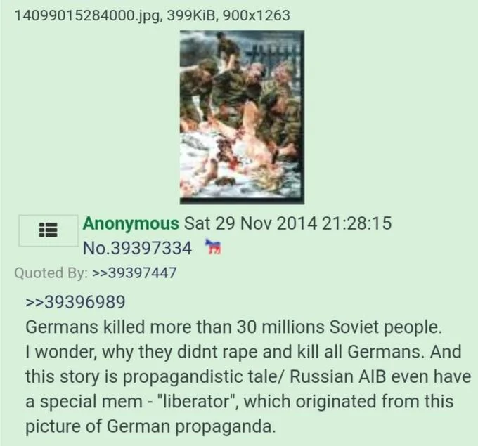 The Soviet Liberator Le Liberator Face — Screenshot from imageboard discussion showing the 1940s source painting and references to the meme's propaganda